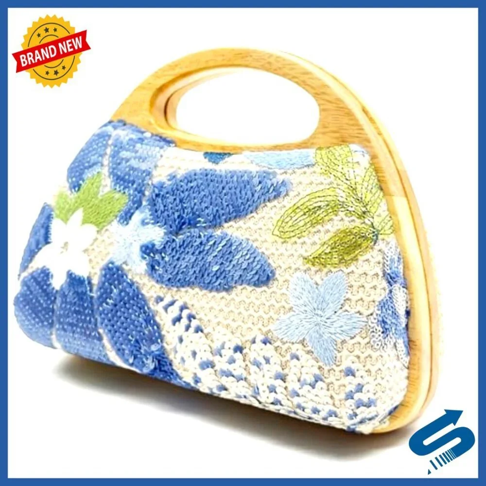 Sequined Embroidered Flower Evening Clutch Bohemian Woven Wooden Handle Chain